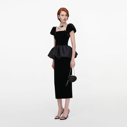 Siyah Kadife Balon Peplum Detaylı Midi Elbise