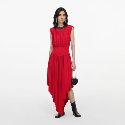 Kırmızı Drape Detaylı Asimetrik Midi Elbise