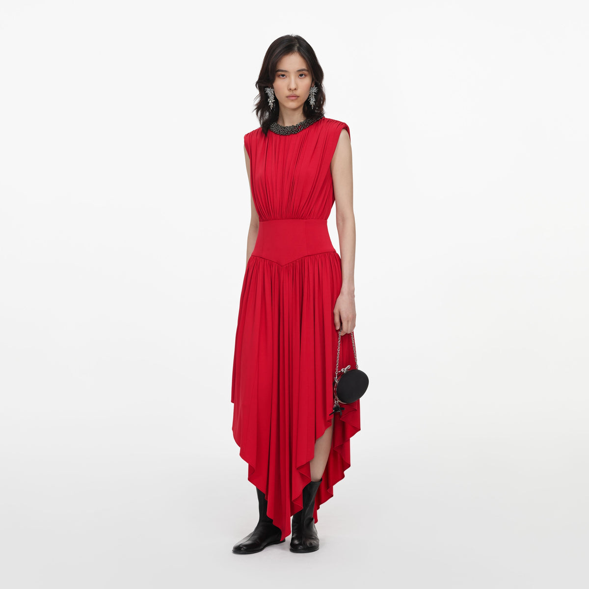 Kırmızı Drape Detaylı Asimetrik Midi Elbise