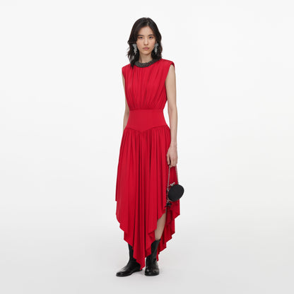 Kırmızı Drape Detaylı Asimetrik Midi Elbise