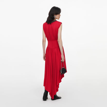 Kırmızı Drape Detaylı Asimetrik Midi Elbise