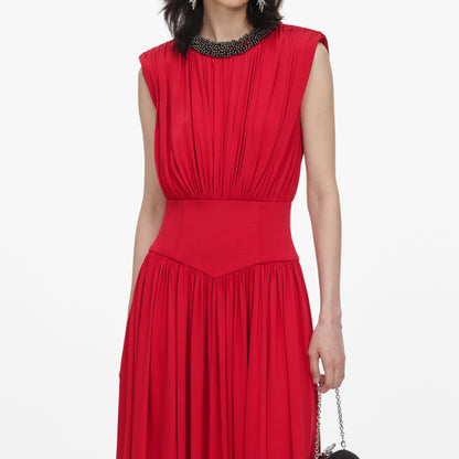 Kırmızı Drape Detaylı Asimetrik Midi Elbise