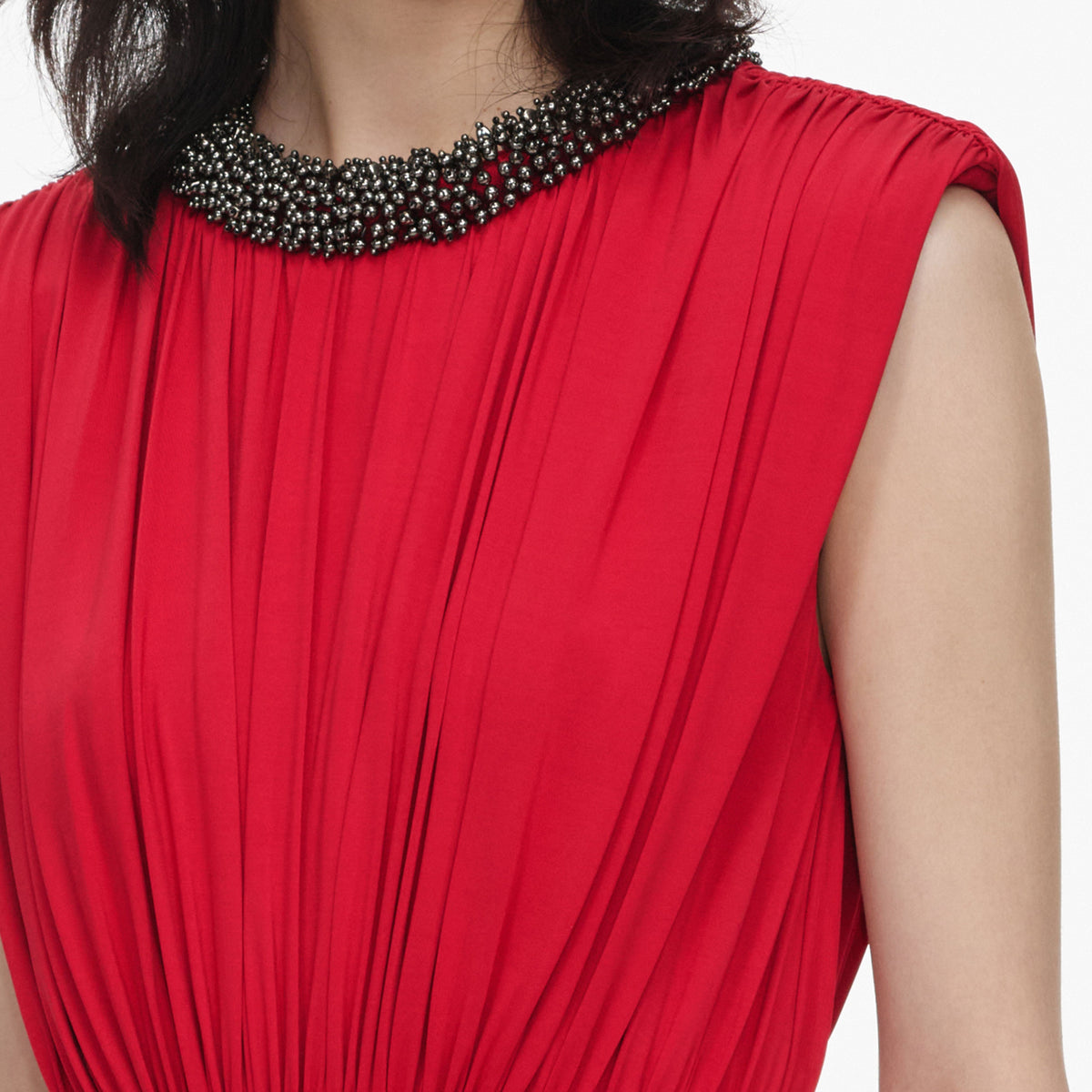Kırmızı Drape Detaylı Asimetrik Midi Elbise