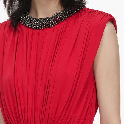 Kırmızı Drape Detaylı Asimetrik Midi Elbise