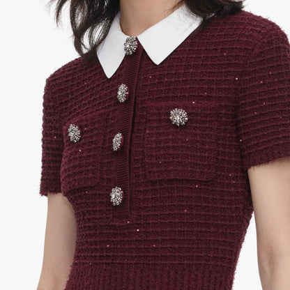 Bordo Dokulu Triko ve Taş Düğme Detaylı Midi Elbise