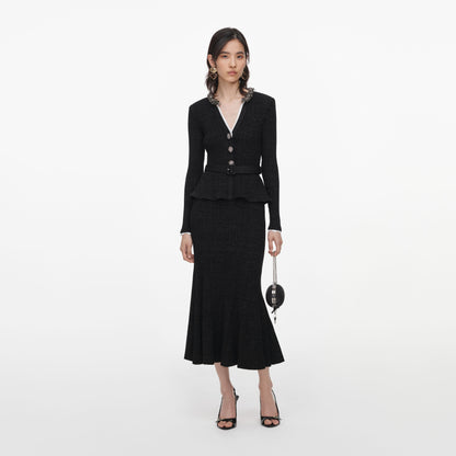 Siyah Simli Fitilli Örme Midi Elbise