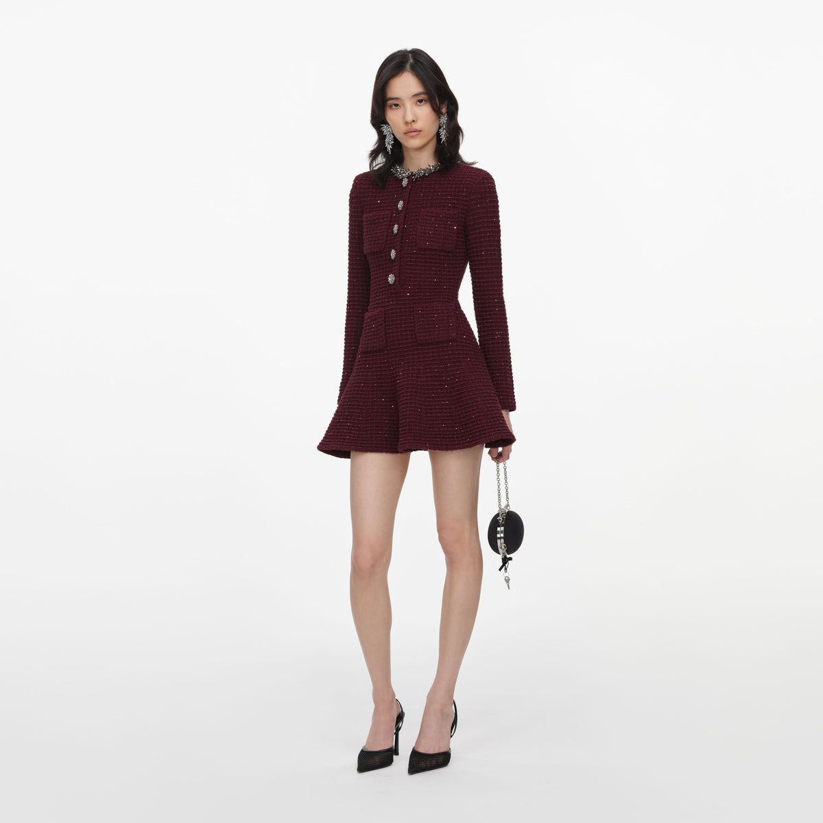 Bordo Taş Detaylı Triko Mini Elbise