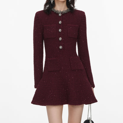Bordo Taş Detaylı Triko Mini Elbise