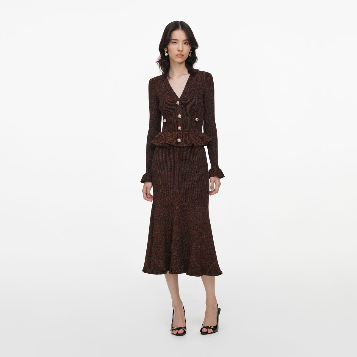 Kahverengi Lureks ve Peplum Detaylı Midi Örgü Elbise