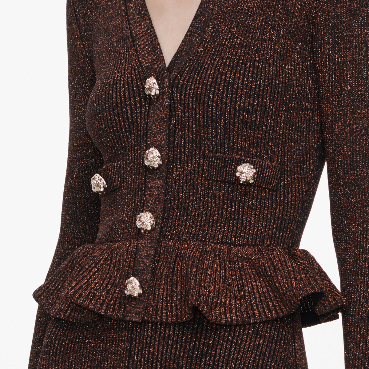Kahverengi Lureks ve Peplum Detaylı Midi Örgü Elbise