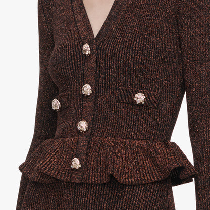 Kahverengi Lureks ve Peplum Detaylı Midi Örgü Elbise