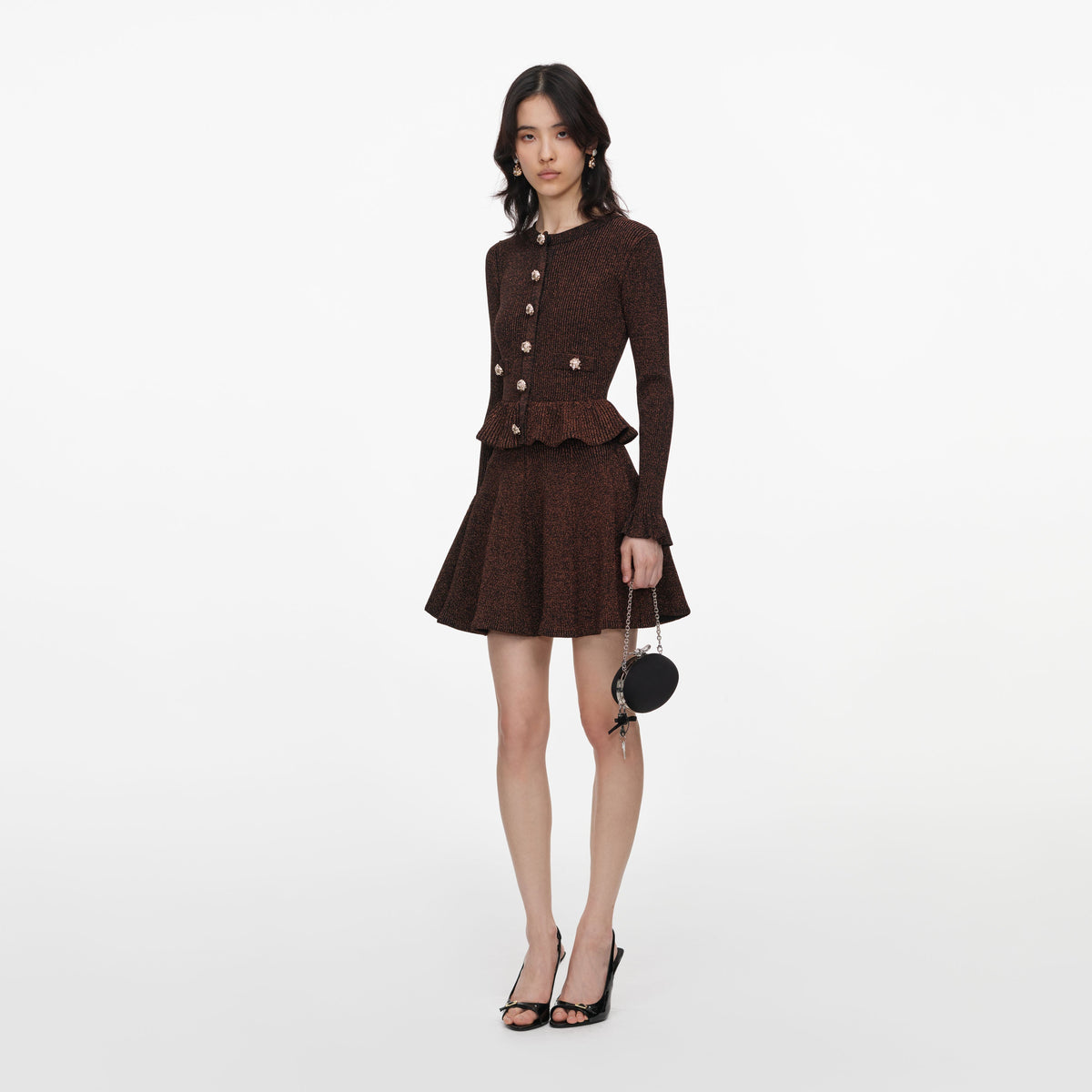 Kahverengi Simli Peplum Triko Mini Elbise