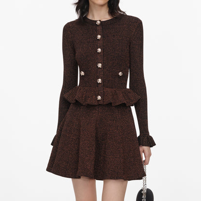 Kahverengi Simli Peplum Triko Mini Elbise