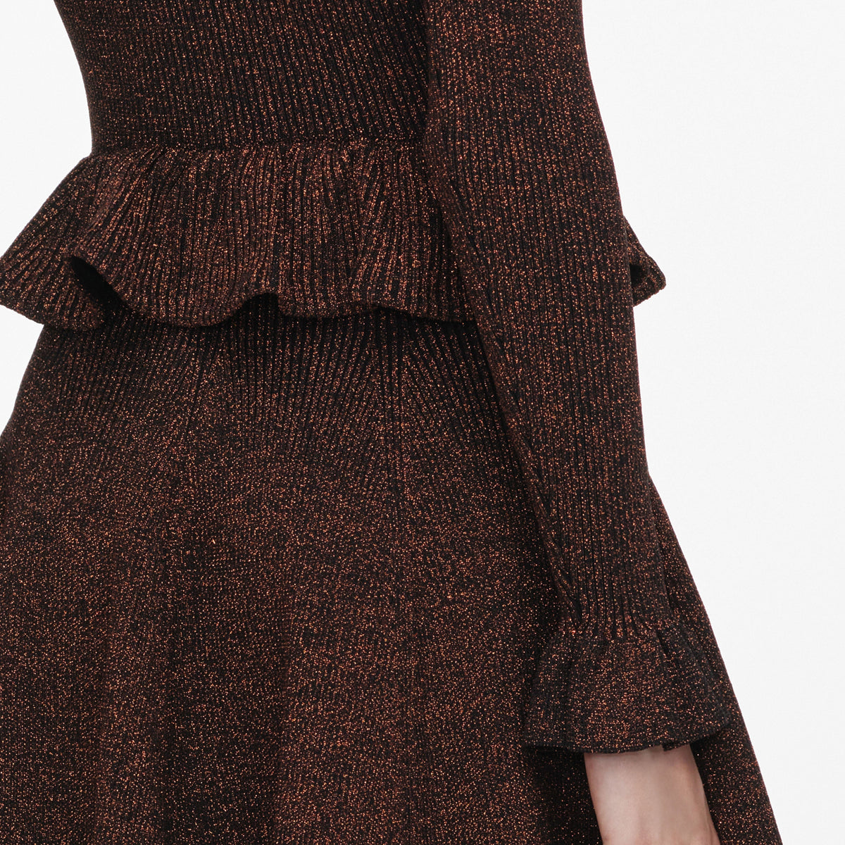 Kahverengi Simli Peplum Triko Mini Elbise
