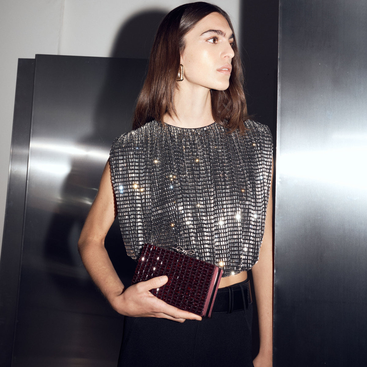 Bordo Kristal Örgü Fiyonk Detaylı Mini Clutch Çanta