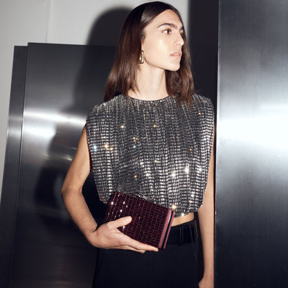 Bordo Kristal Örgü Fiyonk Detaylı Mini Clutch Çanta