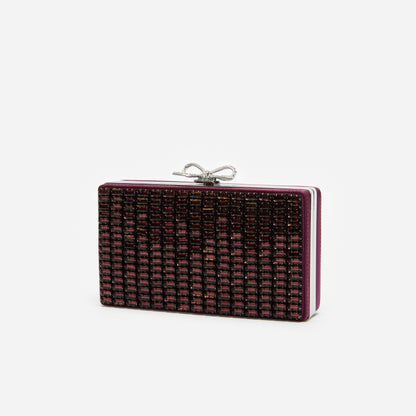 Bordo Kristal Örgü Fiyonk Detaylı Mini Clutch Çanta