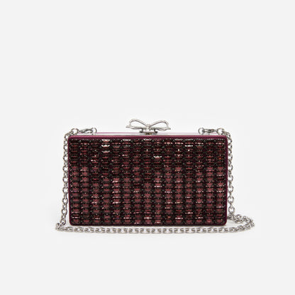 Bordo Kristal Örgü Fiyonk Detaylı Mini Clutch Çanta
