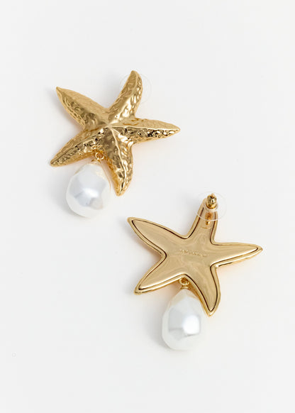 Altın Denizyıldızı ve İnci Detaylı Sallantılı Küpe