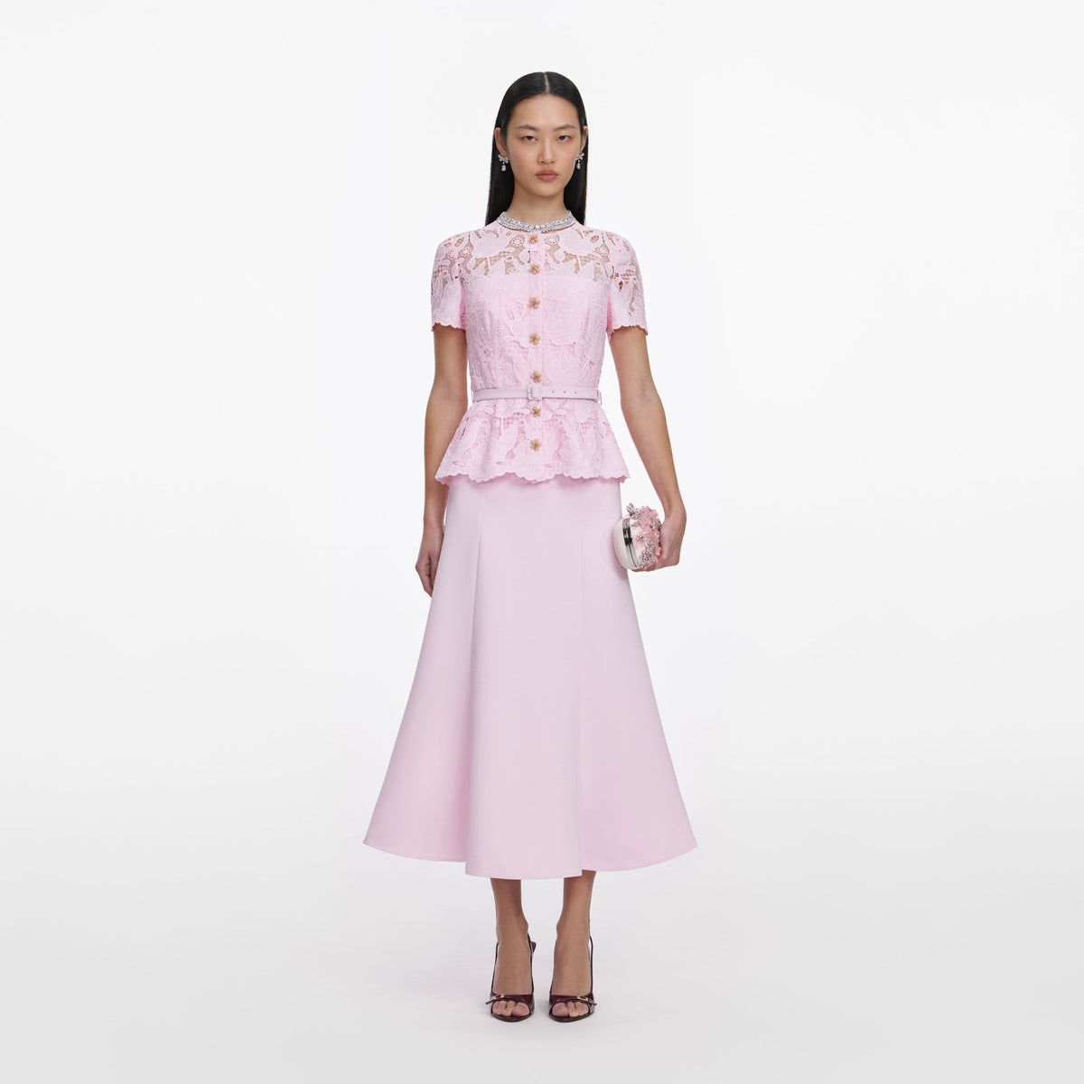 Pembe Dantel Krep Midi Elbise