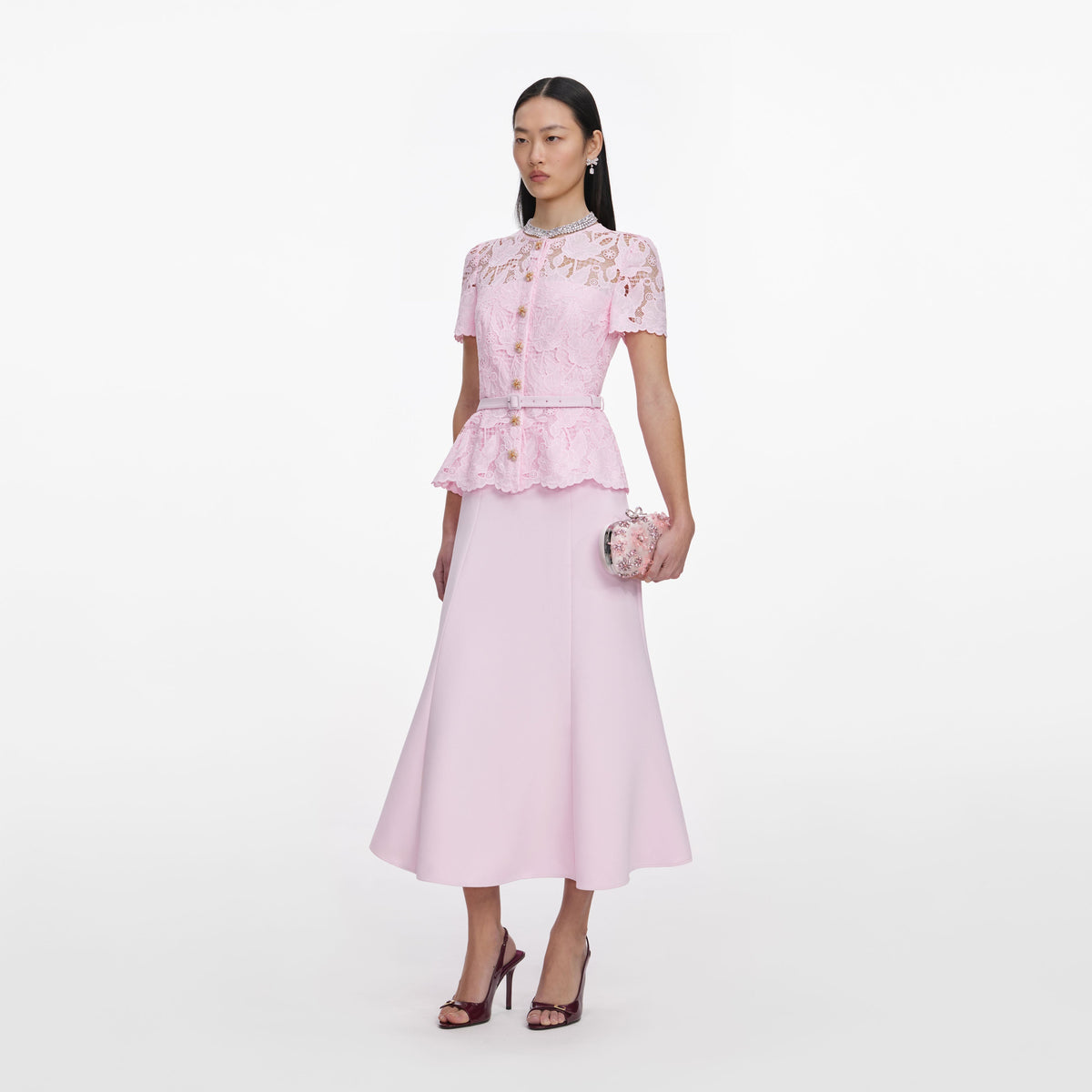 Pembe Dantel Krep Midi Elbise