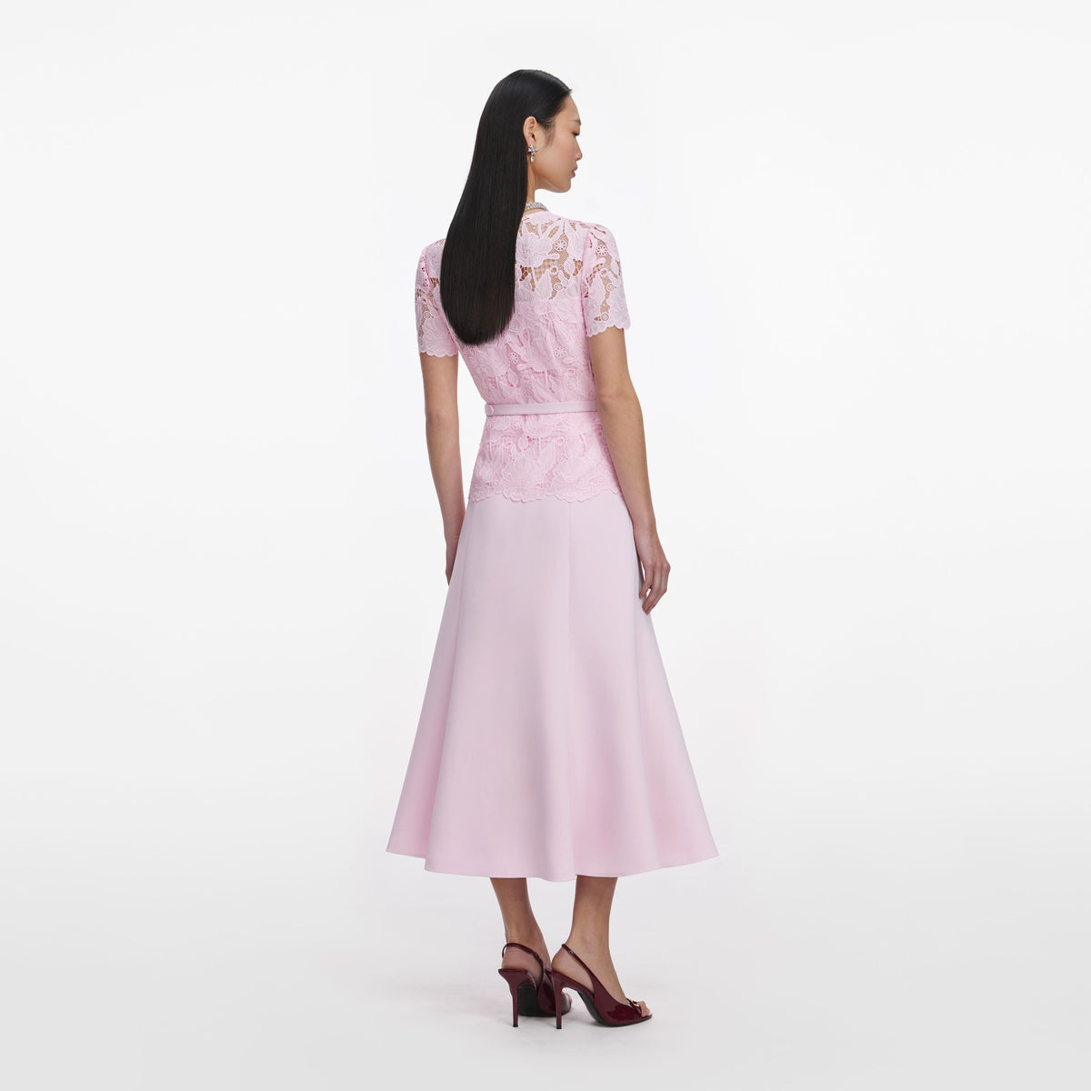 Pembe Dantel Krep Midi Elbise
