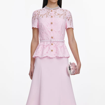 Pembe Dantel Krep Midi Elbise