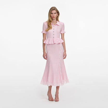Pembe Ajurlu Peplum Detaylı Triko Midi Elbise