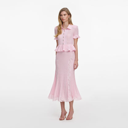Pembe Ajurlu Peplum Detaylı Triko Midi Elbise