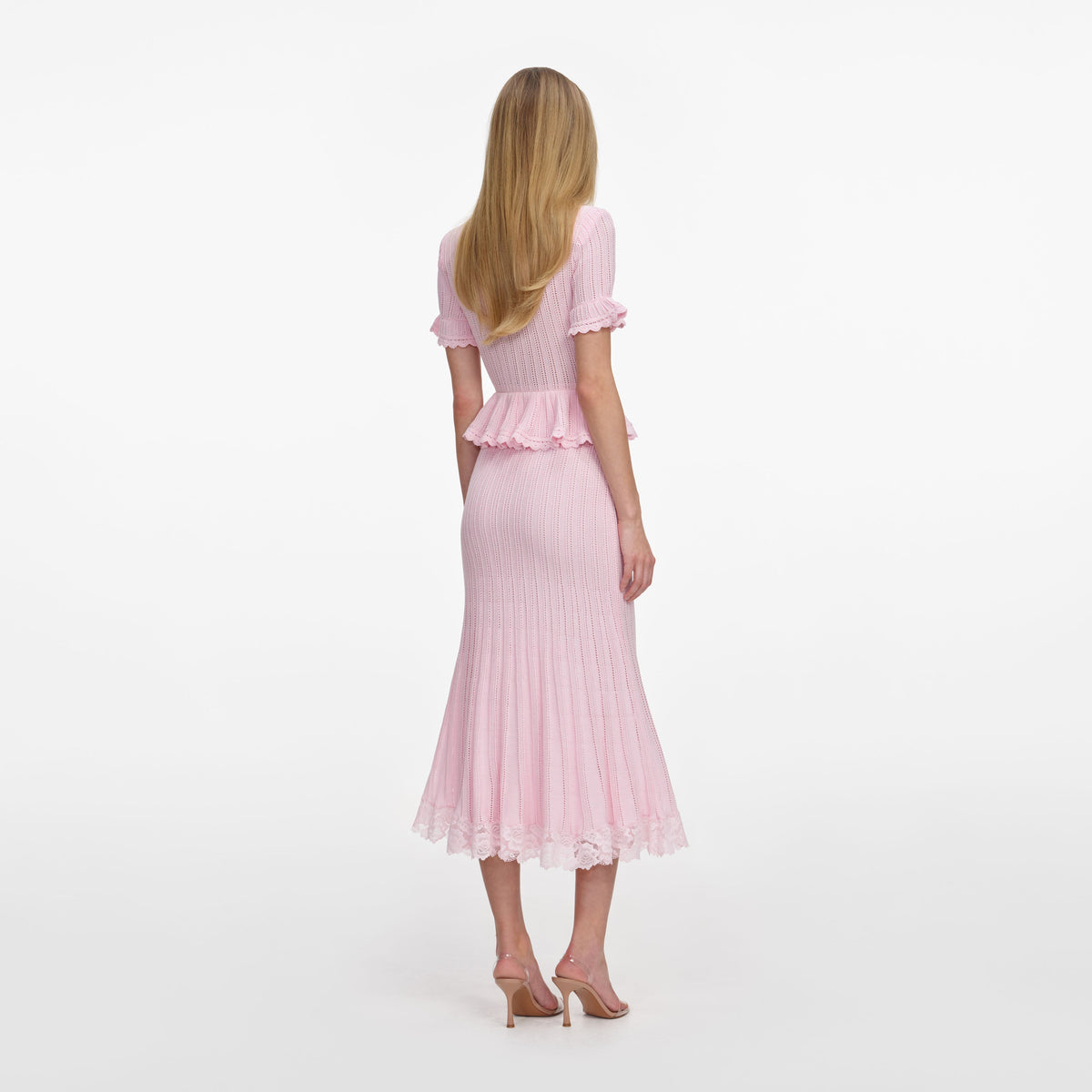 Pembe Ajurlu Peplum Detaylı Triko Midi Elbise