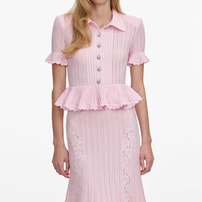 Pembe Ajurlu Peplum Detaylı Triko Midi Elbise