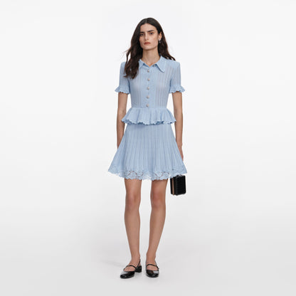 Mavi Ajurlu ve Peplum Detaylı Triko Mini Elbise