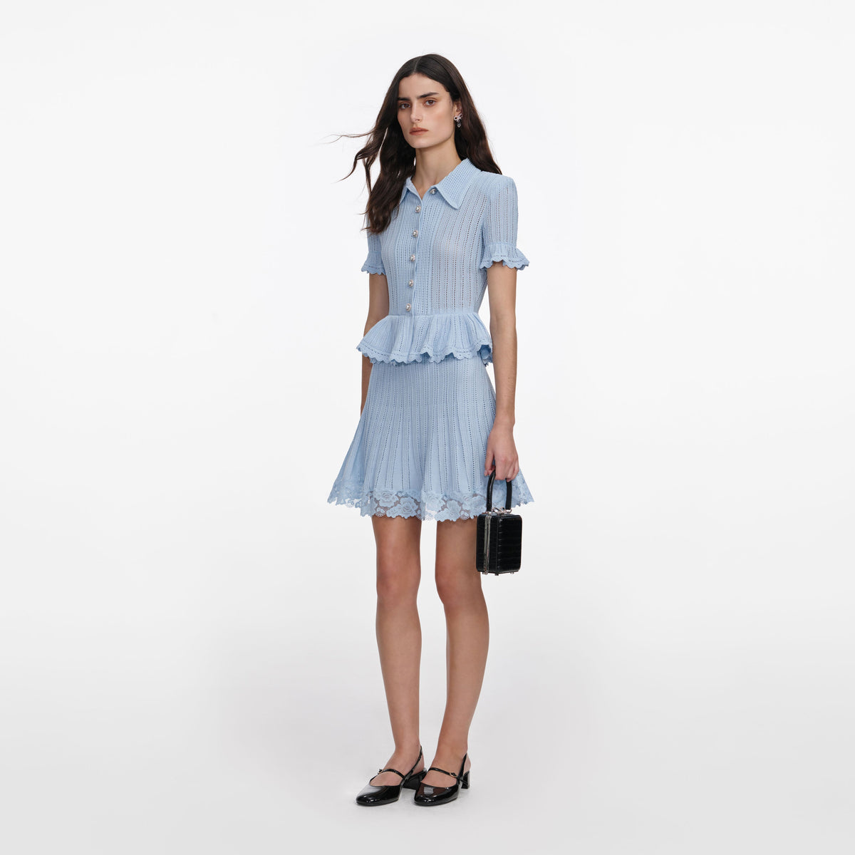 Mavi Ajurlu ve Peplum Detaylı Triko Mini Elbise