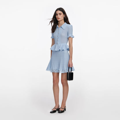 Mavi Ajurlu ve Peplum Detaylı Triko Mini Elbise