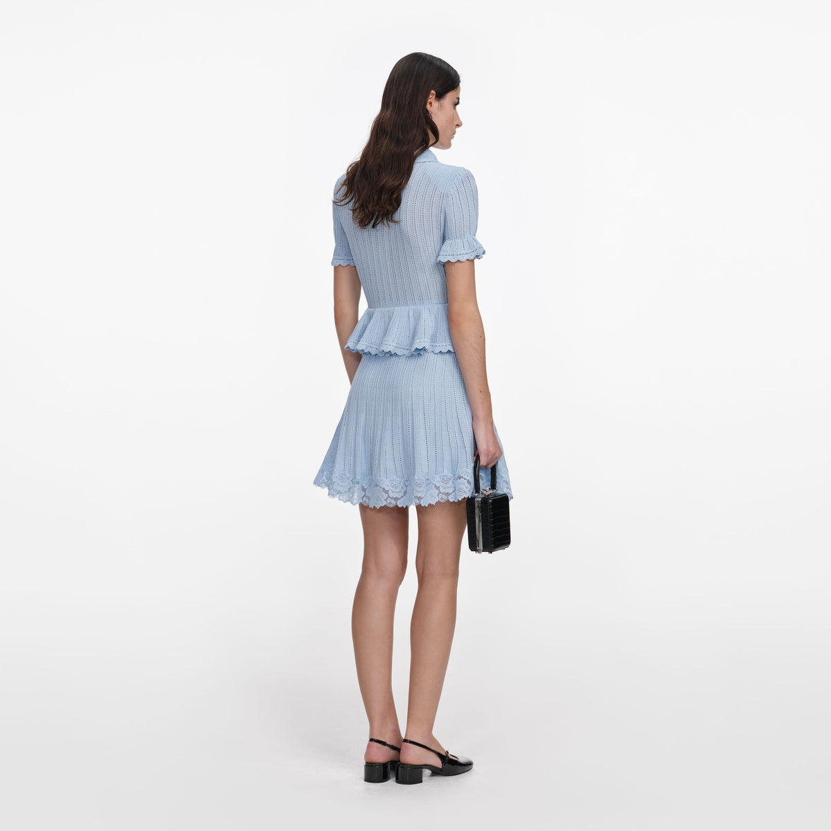 Mavi Ajurlu ve Peplum Detaylı Triko Mini Elbise