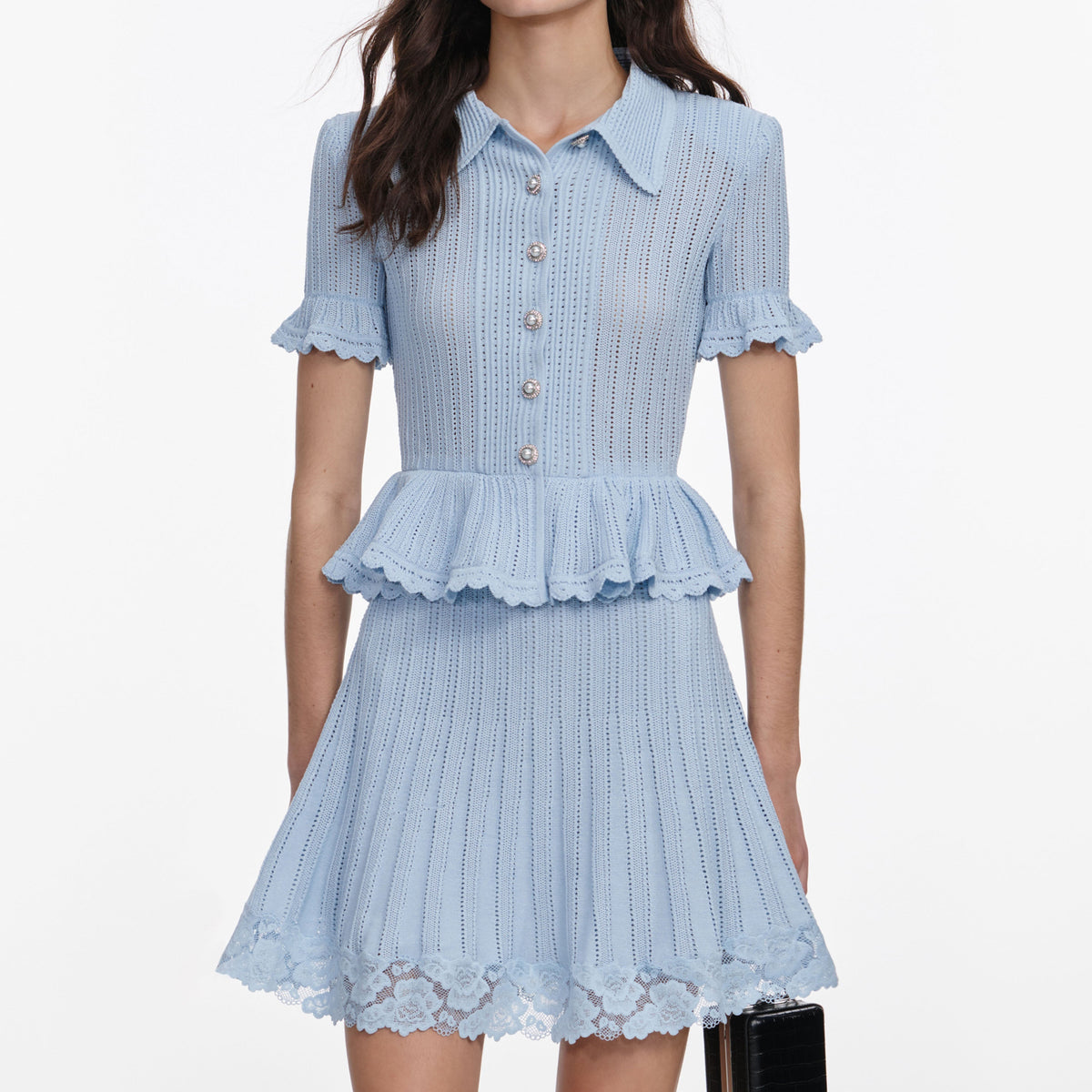Mavi Ajurlu ve Peplum Detaylı Triko Mini Elbise