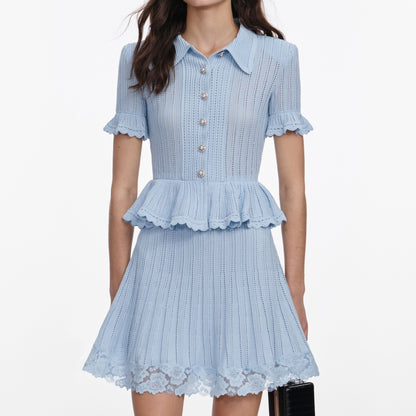 Mavi Ajurlu ve Peplum Detaylı Triko Mini Elbise