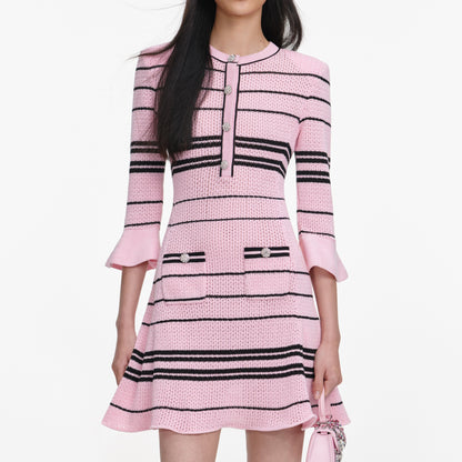 Pembe Çizgili Triko Mini Elbise
