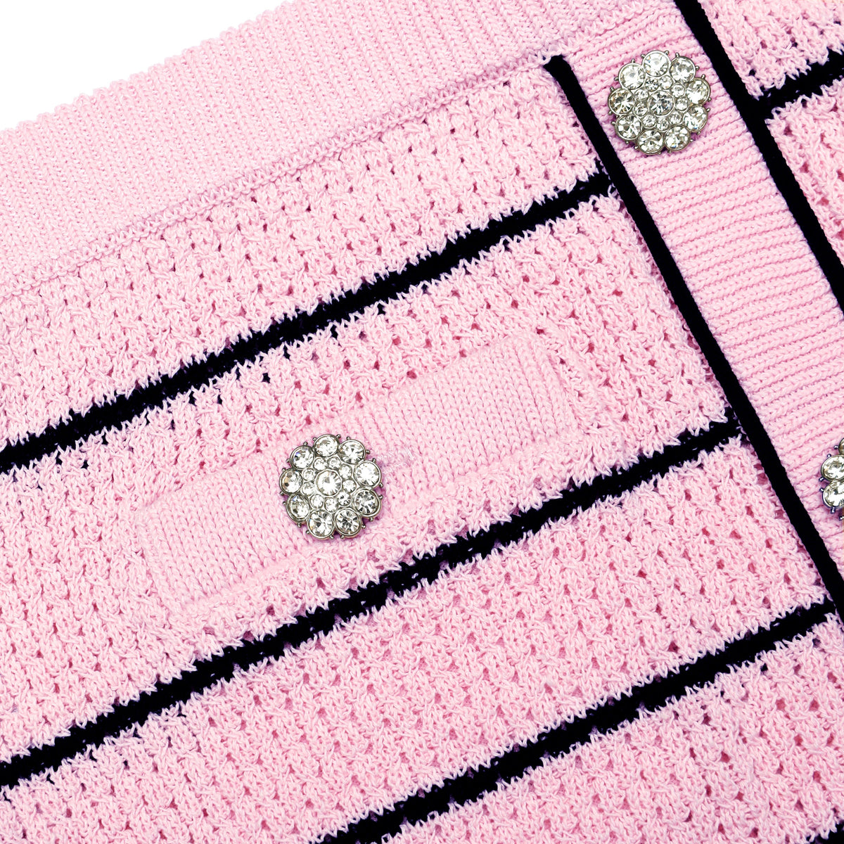 Pembe Çizgili Taş Düğme Detaylı Triko Mini Etek