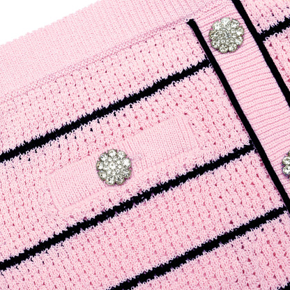 Pembe Çizgili Taş Düğme Detaylı Triko Mini Etek