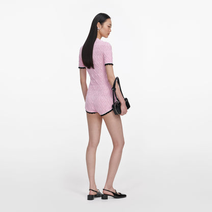 Pembe Ajur Örgü Çiçek Nakışlı Tulum