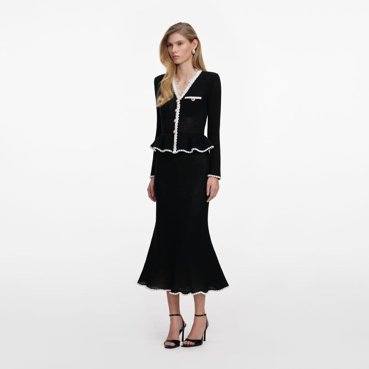 Siyah Dantel Detaylı Peplum Triko Midi Elbise