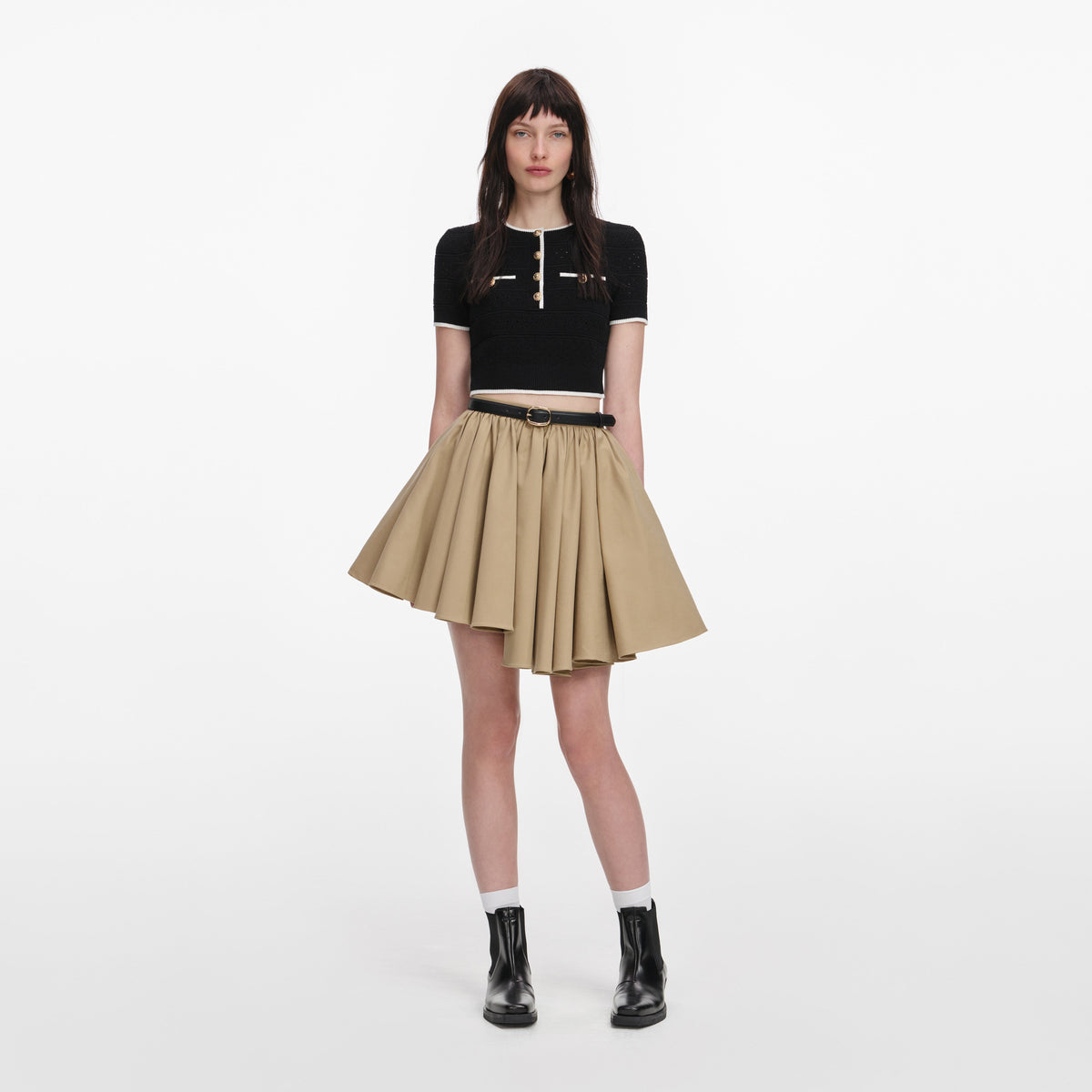 Taba Asimetrik Kesim Pamuklu Gabardin Mini Etek