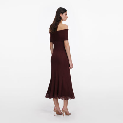 Bordo Dantel Detaylı Triko Midi Elbise