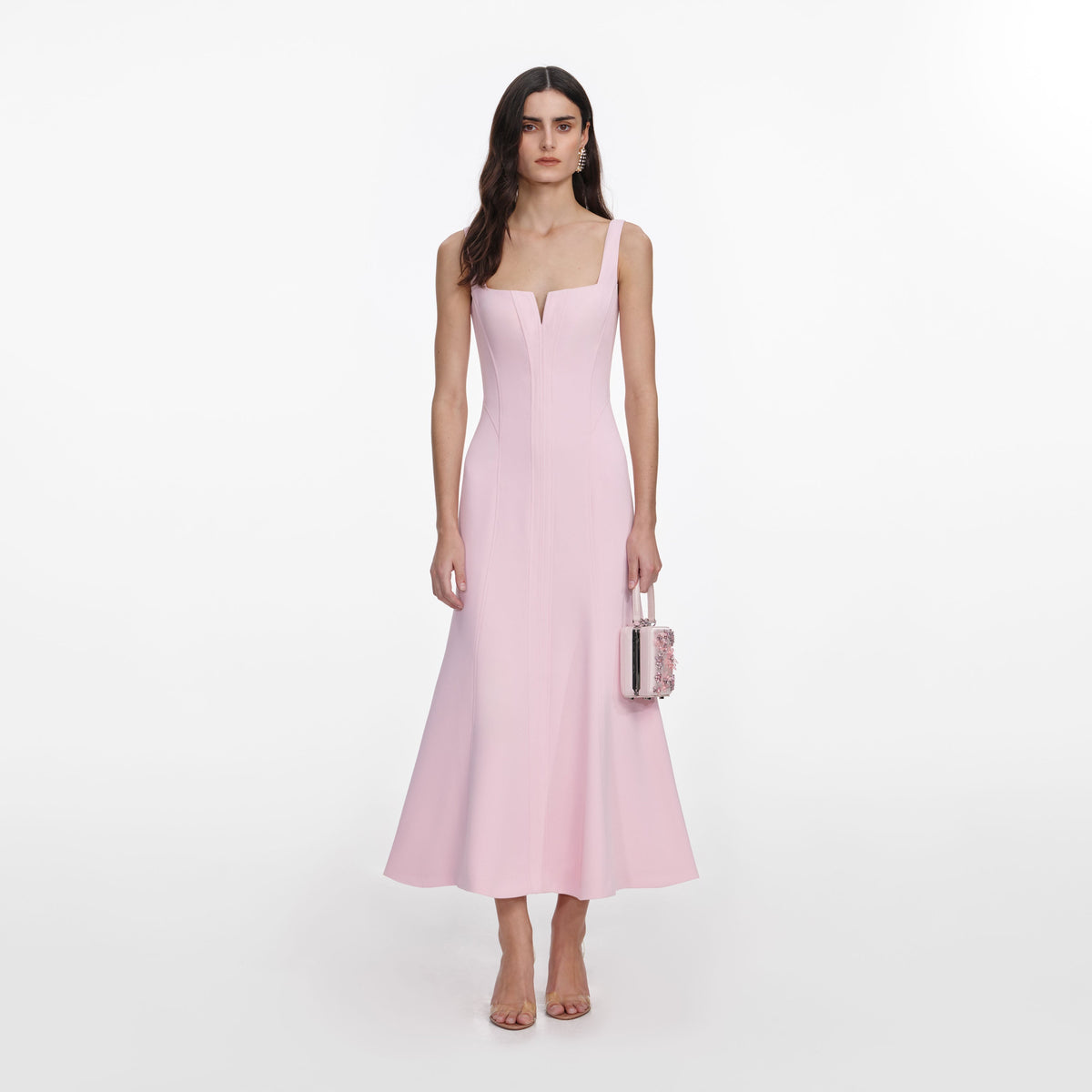 Pembe Korse Detaylı Krep Midi Elbise