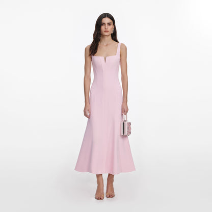 Pembe Korse Detaylı Krep Midi Elbise