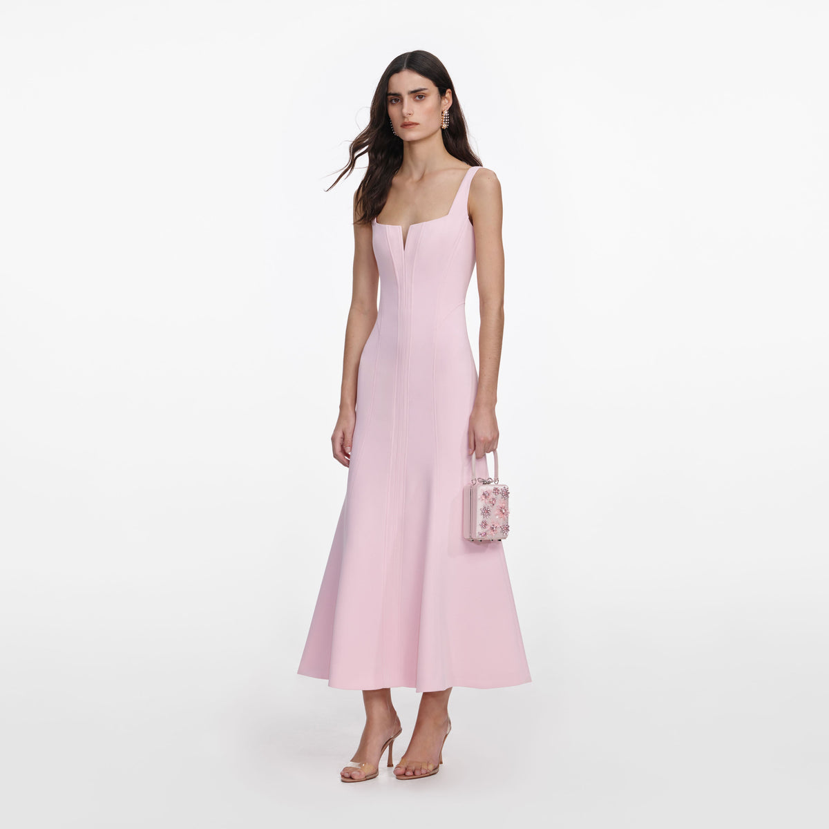 Pembe Korse Detaylı Krep Midi Elbise