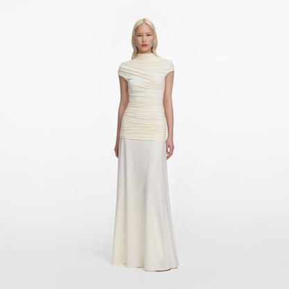 Sarı Drape Detaylı Jarse Maksi Elbise