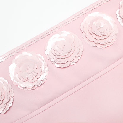 Pembe 3D Payet Çiçekli Krep Mini Elbise