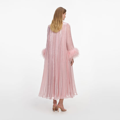 Pembe Metalik Şifon Tüy Detaylı Midi Elbise